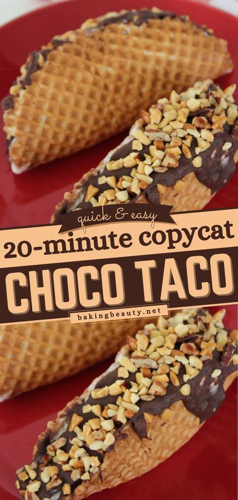 Copycat Choco Taco, Summer desserts/ frozen treats Desert Taco Recipe, Diy Choco Taco, Taco Dessert Ideas Easy Recipes, Chocolate Tacos Desserts, Choco Taco Homemade, Choco Taco Recipe, Dessert Tacos Recipes, Oreo Tacos, Taco Bar Dessert Ideas