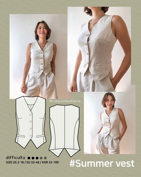 Summer Suit Set Waistcoat Vest and Shorts PDF Sewing Pattern - A4, LETTER, A0 - XXSXXXL - 8 Sizes - Video Tutorial Linen Vest Pattern, Vest Patterns For Women Sewing, Vest Pattern Sewing, Unique Sewing Patterns, Waistcoat Pattern, Vest Patterns, Suit Sewing Patterns, Christian Borle, Vest Pattern Free