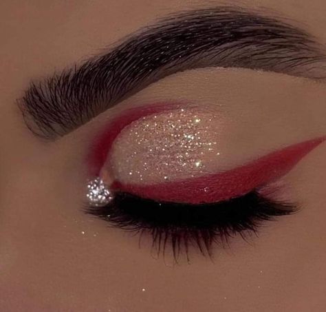 Glitter Smoky Makeup, Prom Makeup To Match Red Dress, Simple Red Makeup Looks For Quince, Wine Red Quince Makeup, Quince Red Makeup Look, Red Eyeshadow Looks For Prom, Red And Silver Prom Makeup, Christmas Rhinestone Makeup, Red And Silver Makeup Looks For Prom