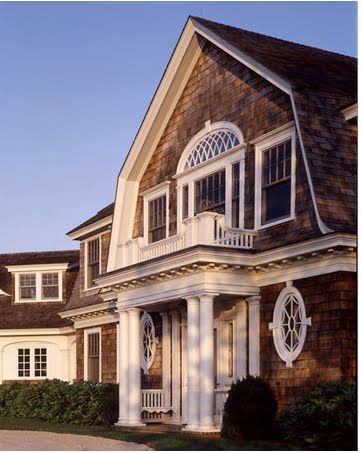 Dutch colonial shingle home. Interesting Windows, Cape Cod Remodel, Dutch Colonial Revival, Hamptons Houses, Cedar Shingle, Dutch Colonial Homes, Cape Henlopen, Windows Trim, Shingle House