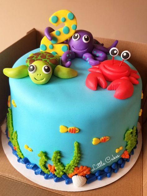 Little Ocean Animals Cake Ocean Animals Cake, Sea Animal Birthday Cake, Ocean Animals Birthday Party, Sea Animal Cake, Sea Animals Cake, Ocean Animal Birthday Party, Water Birthday Parties, Ocean Birthday Cakes, Nature Cake