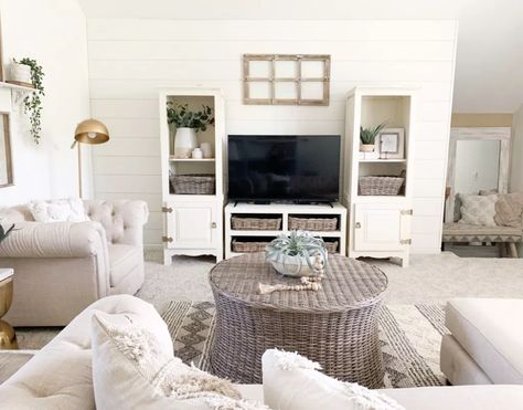 Bless This Nest | Entertainment Center Makeover Reveal #farmhouse #farmhouselivingroom #livingroom #whitefarmhouse #farmhousestyle #modernfarmhouse #realfarmhouse #myhousebeautiful #hgtv #thefarmhousemovement #prettyandoverlooked #homedecor #fixerupperstyle #dreamhouse #homeinterior #homedesign #livingroomdecor #livingroomideas #americanfarmhouse #farmhouselivingroomdecor #homedecoration #homesweethome #farmhousedesign #home #homestead #dreamhome #farmhousechic #homedecorideas Farmhouse Bonus Room, Neutral Living Room Entertainment Center, Boho Farmhouse Entertainment Center, White Entertainment Center Living Room, Simple White Farmhouse, White Farmhouse Entertainment Center, Stand Decoration Ideas, Farmhouse White Tv Console, Farmhouse Entertainment Center