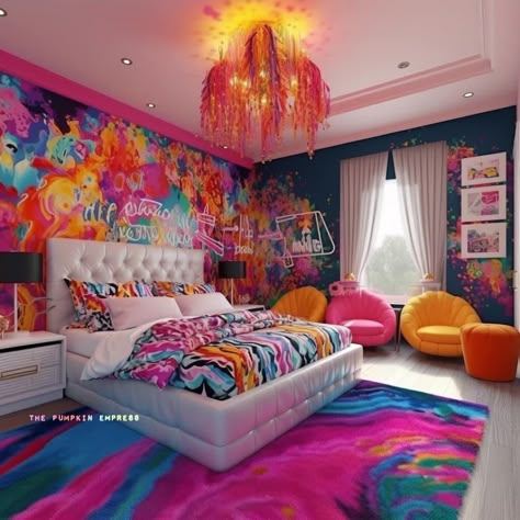 Multicolor Bedroom Ideas, Eccentric Bedroom Aesthetic, Bright Color Bedroom Aesthetic, Bright Color Bedroom Ideas, Bright Color Bedroom, Funky Bedroom, Bold Eclectic, Colorful Room Decor, Bedroom Design Inspiration