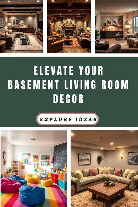 Collage of stylish basement living rooms ranging from cozy rustic to colorful modern designs with decor ideas. Basement Set Up Ideas, Basement Living Room Decor, Cozy Basement Family Room, Basement Living Room Ideas, Stylish Living Room Ideas, Family Room Layout, Basement Living Room, Cozy Scandinavian, Basement Living Rooms