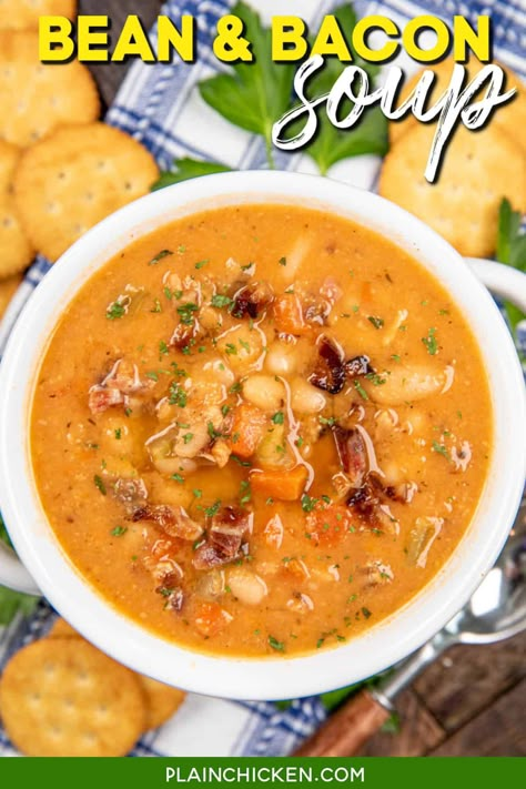 Homemade Bean and Bacon Soup Recipe  - a homemade version of a childhood favorite soup! Super simple to make with pantry staples! Packed with hearty beans, savory bacon, and aromatic spices, this soup is a delicious and satisfying meal for any occasion. Serve it with crusty bread or a side salad for a complete and cozy dinner that's sure to please the whole family. Pioneer Woman Bean And Bacon Soup, Bean And Bacon Soup For Canning, Bacon Bean Soup, Bean And Bacon Soup Recipe, Bean With Bacon Soup Recipe, Bean Bacon Soup, Bean With Bacon Soup, Plain Chicken Recipes, Meat Soups