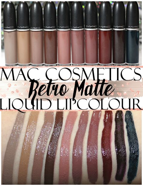 MAC Retro Matte Liquid Lipcolor swatches L-R: Flesh Stone, Dash O’ Spice, Cafe au Chic, Chocotease, Burnt Spice, So Me, Topped With Brandy, Carnivorous, Uniformly Fabulous, Young Attitude Mac Retro Matte Liquid Lipstick, New Look Ideas, Liquid Lipstick Swatches, Mac Lipstick Shades, Vintage Meets Modern, Classic Lifestyle, Mac Retro Matte, Mac Lipsticks, Retro Makeup