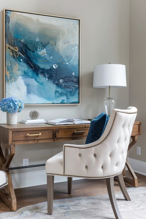 Transform your workspace with coastal home office decor that sparks creativity and calmness. Think breezy colors, natural textures, and nautical touches that can bring the seaside vibes right to your desk. Use light blues, sandy whites, and sea-inspired decor accents to create a tranquil and inspiring environment. Incorporating elements like driftwood shelves, ocean-themed artwork, or soft textiles can simply create that relaxing getaway feel while you work. Get inspired to refresh your home office into a beautiful beach retreat! Calm Workspace, Coastal Home Office, Driftwood Shelves, Breezy Aesthetic, Dining Room Colour Schemes, Coastal Color Palette, Coastal Dining Room, Bedroom Colour Palette, Dining Room Colors