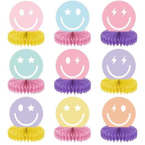 PRICES MAY VARY. Package Quantity: Our product includes 9pcs smile face cards and 18pcs pastel honeycombs. So you will get 9pcs preppy smile face honeycomb balls in 9 designs. Each card pattern is exquisite and can create a very strong atmosphere for smile face themed party decorations. Superior Quality: The size of our preppy honeycomb ball is about 6.2*4.7inches (15.8*12cm). And the smile face cards and honeycombs are made of high-quality material. The card are printed on both sides, durable a Preppy Party Decorations Ideas, Smiley Face Table Centerpieces, Smiley Face Centerpieces, Preppy Smiley Face Birthday Party, Pink Smiley Face Party Theme, Pink Smiley Party, Retro Smiley Face Birthday Party, Smiley Birthday Theme, Pink Smiley Birthday