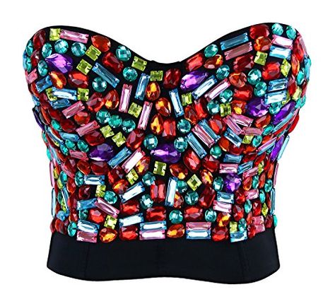 Party Crop Tops, Rhinestone Bra, Black Bustier, Colorful Crop Tops, Crystal Dangle Earrings, Cup Sizes, Crop Top Bra, Colored Gems, Bustier Top