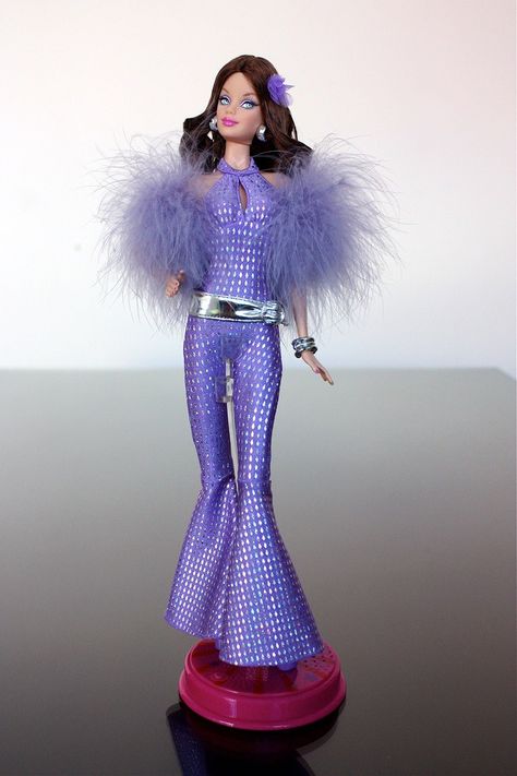 Barbie Celebrate - 2008 | Flickr - Photo Sharing! Purple Barbie Outfit, Disco Barbie, Purple Barbie, Barbie Photoshoot, Barbie Pageant, Barbie Photos, Disco Jumpsuit, Disco Diva, Pageant Outfits