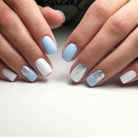 Blue And Silver Nails, Blue Nail Art Designs, Silver Nail Designs, Blue And White Nails, Blue Gel Nails, White And Silver Nails, Baby Blue Nails, Spring Acrylic Nails, White Glitter Nails