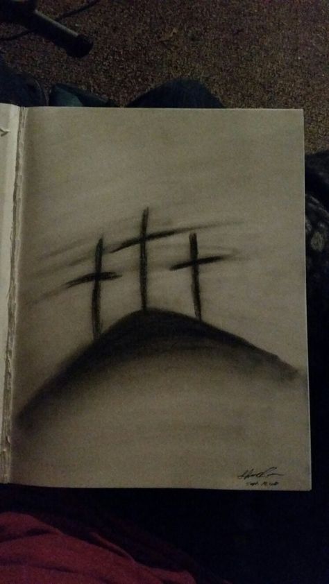 Cross On Hill Tattoo, 3 Wooden Crosses Tattoo, Cross Pencil Drawing, Drawings Of The Cross, Drawing Of Cross, Christian Pencil Art, Simple Cute Art Ideas, Simple Christian Sketches, Cross Drawing Sketches Pencil