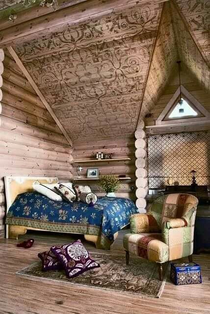 ☆ Log Cabin Interior Design, Fairytale Bedroom, Russian Interiors, Cabin Interior Design, Log Cabin Interior, Decor Eclectic, Attic Rooms, Cabin Fever, Wood Ceilings