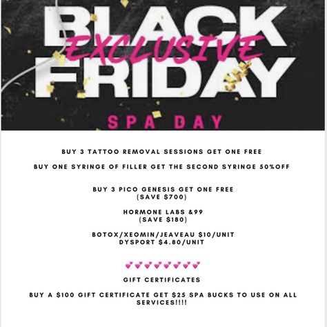 Black Friday Sale Ideas, Black Friday Promo, Black Friday Specials, Skincare Aesthetic, Medical Spa, Lip Fillers, Tattoo Removal, Med Spa, Friday Sale