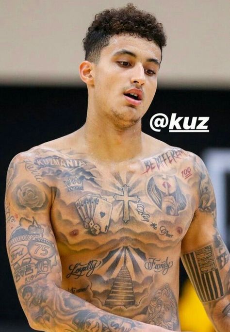 Tattoo For Son For Men, Chest Tattoo Clouds, Basketball Tattoos, Black Men Tattoos, Small Chest Tattoos, Torso Tattoos, Kyle Kuzma, Men Chest, Cool Chest Tattoos