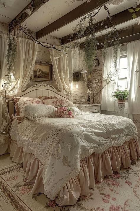 Shabby Chic Bedroom: Playful and Chic Decor - Quiet Minimal Shabby Bedroom Ideas, Cute Vintage Bedroom Ideas, Vintage Princess Bedroom, Vintage Elegant Bedroom, Frilly Bedroom, Vintage Cozy Bedroom, Bedroom Ideas Pastel, Vintage Room Decor Bedroom, Romantic Vintage Bedroom Ideas