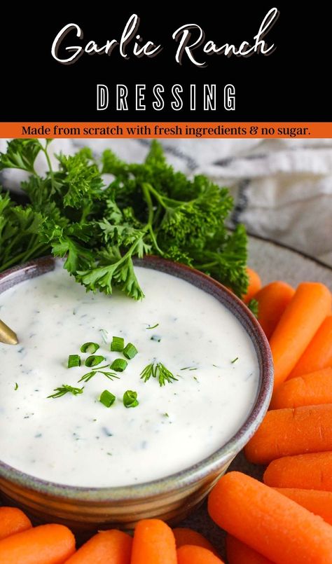 Serve it as a dressing or a dip, this made from scratch garlic ranch with fresh herbs is super simple to prepare in just five minutes and tastes good on EVERYTHING! #ranch #ranchdressing #garlicranch #homemaderanch #ranchdip Easy Ranch Dressing, Homemade Ranch Dressing Mix, Ranch Dressing Recipe Homemade, Garlic Ranch, Ranch Dressing Recipe, Easy Salad Dressing, Healthy Greek Yogurt, Scrumptious Food, Homemade Ranch Dressing