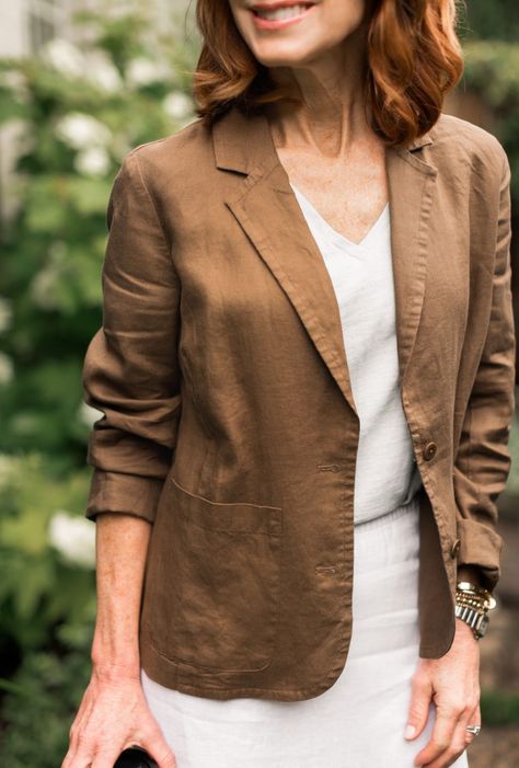 Brown linen jacket with white linen skirt from Eileen Fisher at Bloomingdale's Linen Jacket Outfit, Dress With Jacket Outfit, Linen Outer, White Linen Skirt, Jacket Outfit Women, Model Pics, Fashion Top Outfits, Dallas Fashion, 50 Plus