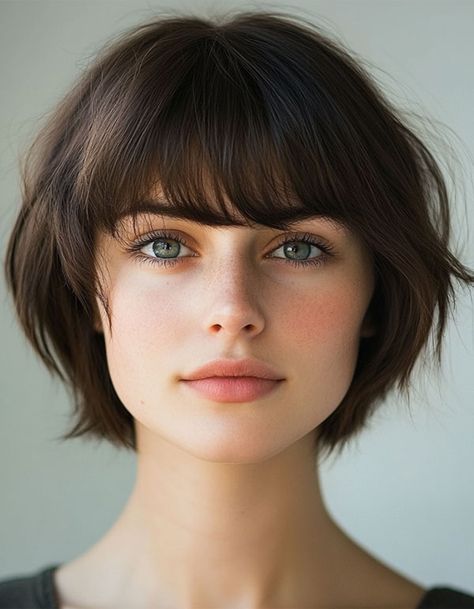 Classic Soft Bob with Full Bangs, Cute Short Hairstyle, short haircut Summer Bob Hairstyles, Bob With Full Bangs, Hairstyles Colour, Bob Hairstyles Ideas, Soft Bob, Hairstyles Unique, Summer Bob, Short Hair Color Ideas, Straight Across Bangs