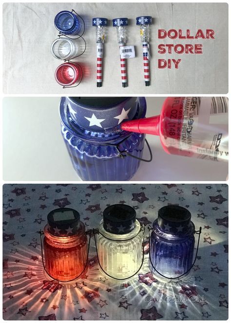 Fourth Of July Diy Decor, Dollar Store Diy Decorations, Solar Light Crafts, 4th July Crafts, Glass Votives, Look Festival, Dekor Diy, Fourth Of July Decor, Patriotic Crafts