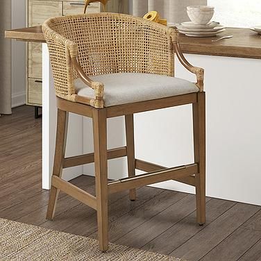 Playa 25" Natural Rattan Counter Stool Martha Stewart Home, Rattan Counter Stools, Kitchen Aesthetic, Kick Plate, Lily Pond, East Hampton, Counter Height Stools, Counter Bar Stools, Linen Upholstery