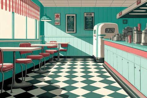 Diner Illustration, Diner Scene, Traditional Animation, Retro Diner, Point Perspective, The 50s, Adobe Stock, Diner, Stock Illustration