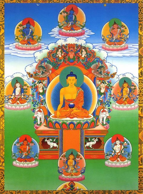 Shakyamuni Buddha & Eight Great Bodhisattvas Buddha Mantra, Sakyamuni Buddha, Blue Buddha, Art Buddha, Buddha Painting, Thangka Painting, Prayer Flags, Brass Statues, The Buddha