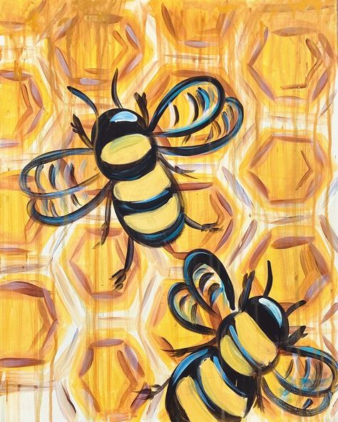 Honey Bee Canvas Painting, Bee Acrylic Painting Easy, Bumblebee Painting Easy, Honey Bee Painting Acrylic, Bumble Bee Painting Acrylic Easy, Painting Bees Easy, Bee Canvas Painting Easy, Bee Painting Ideas, Bee Painting Easy