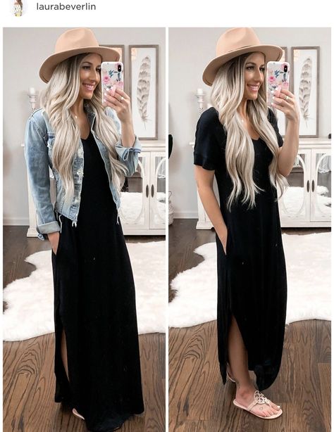 d961e9f236177d65d21100592edb0769desc50919313ri Casual Dress With Sandals, Outfit Ideas With Hats Winter, Hats With Dresses Outfits, Casual Black Maxi Dress, Maxi Dress Denim Jacket Outfit, Casual Black Maxi Dress Outfit, Casual Horse Race Outfit, Casual Mid Size Summer Outfits, Outfit Ideas With Hats Summer