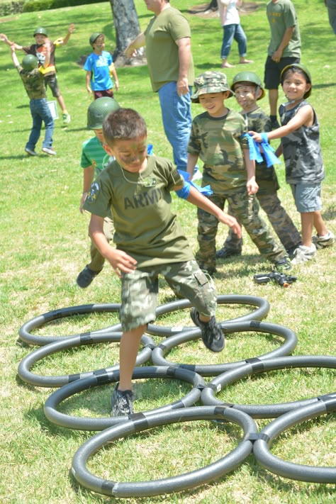 Boot Camp Obstacle Course, Boot Camp Ideas, Boot Camp Decorations, Boot Camp Theme Party, Army Birthday Party Activities, Army Birthday Party Games, Army Activities For Kids, Army Party Games, Boot Camp Party