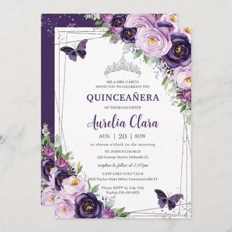 Purple Quinceanera Theme, Butterfly Wedding Invitations, Purple Quince, Wedding Invitation Message, Quince Invitations, Quinceanera Planning, Mexican Spanish, Butterfly Invitations, Princess Birthday Invitations