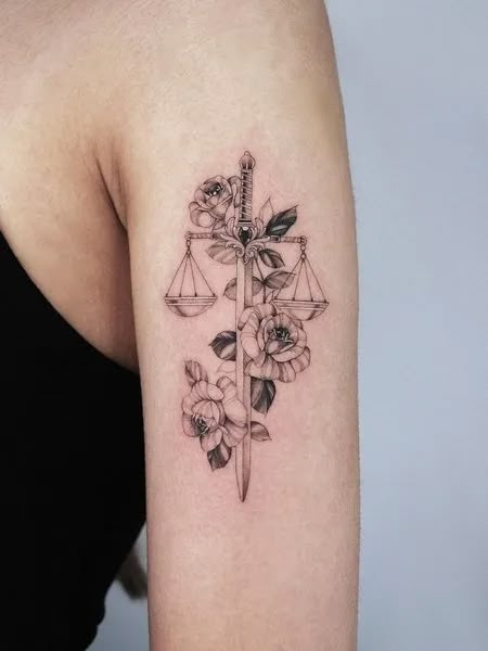 Libra Flower Tattoo Tattoos For Lawyers, Libra Tattoo With Flowers, Libra Aesthetic Tattoo, Lawyer Tattoo Ideas, Libra Flower Tattoo, Libra Tattoo Ideas For Women, Lawyer Tattoo, Scales Of Justice Tattoo, Tattoo Balance