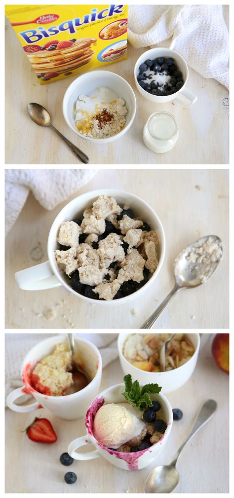 Make your own fruit cobbler in microwave in just a few minutes! Mug Cobbler, Dessert In A Mug, Microwave Mug, Microwave Dessert, Bisquick Recipes, Single Serve Desserts, Fruit Cobbler, Single Serving Recipes, Mug Recipes