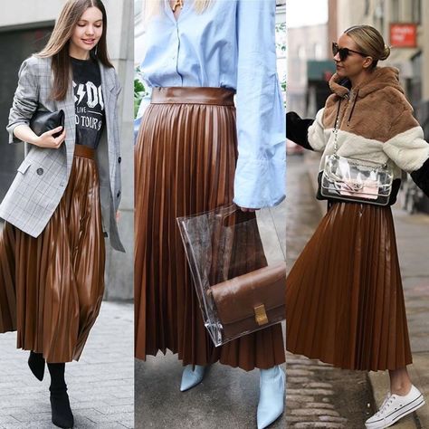 #Brown #Leather #Pleated #Midi #styling #fashion Leather Pleated Skirt Outfit, Pleated Leather Skirt Outfit, Pleated Leather Skirt, Brown Pleated Skirt, Trainers Outfit, Pleated Skirt Outfit, Leather Skirt Outfit, Leather Pleated Skirt, Styling Fashion