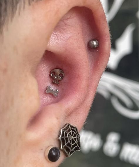 #piercing #piercingjewelry #skullpiercing #earpiercing #conch #conchpiercing #gothpiercing #goth #emo piercing jewelry skull piercing conch piercing Conch With Industrial Piercing, Conch And Industrial Piercing, Conch Punch, Crossed Industrial Piercing, Orbital Industrial Piercing, Industrial Piercing Aesthetic, Goth Industrial Piercing, Stretched Conch, Tragus Piercing Jewelry Industrial