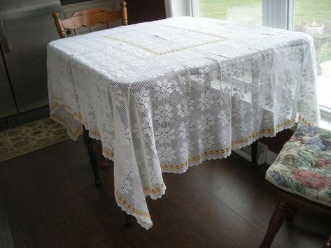 White Hand Crocheted Table cloth 62 x 73 inch Filet Lace, Net Embroidery, Lace Tablecloth, Floral Curtains, Cotton Curtains, Lined Curtains, Curtain Material, Dressmaking Fabric, Vintage Tablecloths