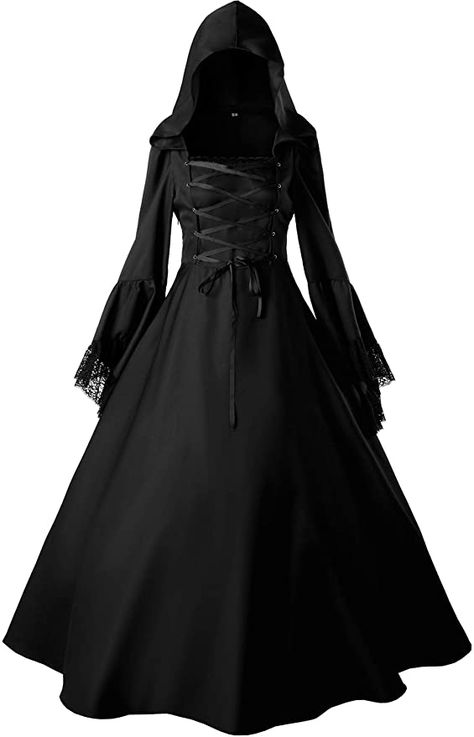 Amazon.com: Loli Miss Women's Gothic Witch Vampire Dress Renaissance Medieval Cosplay Hooded Costume Halloween XL Black: Clothing Medieval Ball Gown, Black Witch Dress, Victorian Witch, Dress Medieval, Stile Harry Potter, Vampire Dress, Witch Vampire, Witch Dress, Gothic Victorian