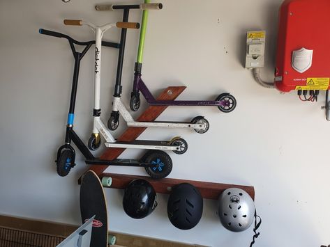 Made out of a leftover 3"x4" fence post Scooter Storage, Garage Organizer, Garage Organize, Personal Assistant, Fence Post, Garage Organization, Garage Storage, Storage Ideas, Stationary Bike