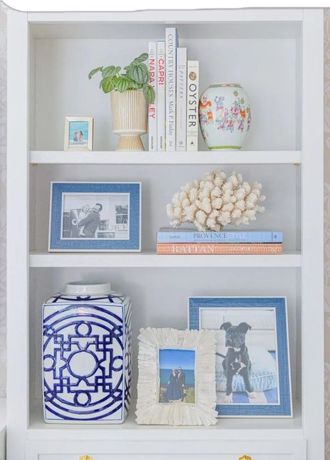 Pottery Barn Sectional, Grandma Style, College House, Bookcase Styling, Bookcase Decor, Post Grad, Bookshelf Styling, Coastal Grandma, Blue Rooms