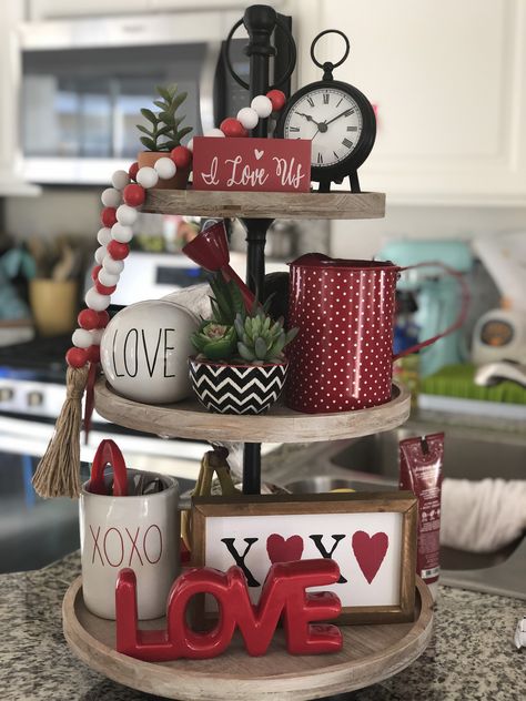 Valentine's Day Tiered Tray Decor, Valentine Three Tier Tray, Tiered Tray Filler Ideas, Valentines 3 Tiered Tray Decor, Valentine Trays Ideas, Valentine’s Day Tiered Tray, Valentine Tiered Tray Ideas, Valentine Tray Decor, Valentines Centerpiece Ideas