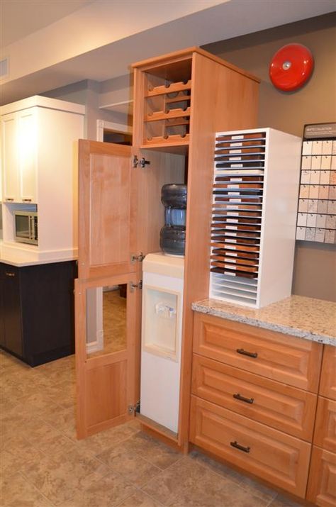 Opened the door for you. Now you can see the water cooler hidden away inside the pantry. Kitchen Refacing, Kitchen Inspiration Design, Kitchen Room Design, Dining Nook, Cottage Kitchen, Water Dispenser, Water Cooler, Kitchen Sets, Cold Brew