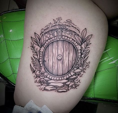 Hobbit Door Tattoo, Hobbit Hole Tattoo, Hobbit Tattoo, Door Tattoo, Michelle Joy, Tolkien Tattoo, Fandom Tattoos, Lotr Tattoo, Cute Animal Tattoos