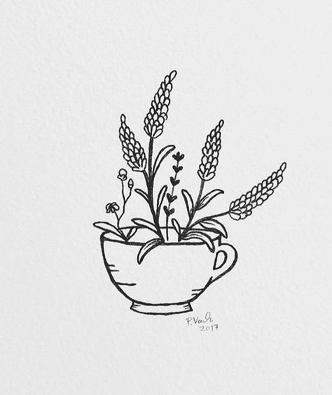 Coffee Cup Flower Tattoo, Teacup With Flowers Drawing, Simple Teapot Drawing, Flowerpot Tattoos, Coffee Cup With Flowers Drawing, Teapot With Flowers Tattoo, Teacup Sketch, Tea Art Drawing, Teacup With Flowers Tattoo