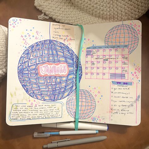 january monthly bullet journal spread. blue and pink 70s retro disco ball theme Retro Bujo Theme, Space Theme Journal Page, Carnival Bullet Journal, Disco Ball Bullet Journal, Bullet Journal Month Cover, Bullet Journal Playlist Page, Bullet Journal Month, Disco Theme, 80s Vibes