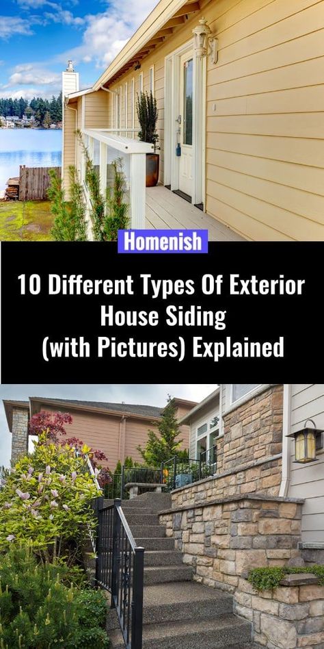 Siding gives is what gives your house exterior its definitive shape and feel, and also affects some properties of the interior. There are many options for exterior siding, each having its upsides and downsides (pun intended) Affordable Siding Exterior, Siding Options For House, Different Exterior Siding Options, Different Types Of Exterior Siding, Siding Types Exterior, Concrete Siding Exterior House, Types Of Exterior Siding, Home Exterior Material Options, House Vinyl Siding Ideas Exterior