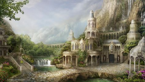 Far Edge by NM-art on DeviantArt Elven City, Fantasy House, Fantasy City, Fantasy Castle, Fantasy Setting, Fantasy Places, A Castle, Fantasy Art Landscapes, Fantasy Concept Art