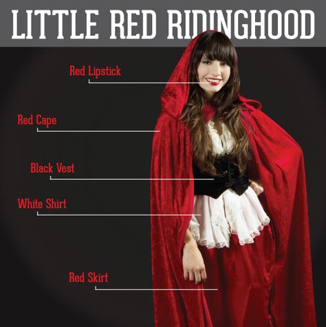 Simple Red Riding Hood Costume, Red Riding Hood Hairstyles, Red Cape Costume Ideas, Diy Red Riding Hood Costume For Women, Diy Red Riding Hood Costume, Diy Little Red Riding Hood Costume Women, Little Red Riding Hood Costume Diy, Black Vest White Shirt, Little Red Riding Hood Makeup