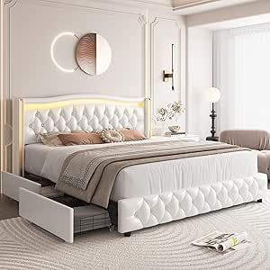 https://amzn.to/4gPWDr5 Led Beds, Led Bed Frame, Cama King Size, Bed Platform, Button Tufted Headboard, White Headboard, King Size Bed Frame, Wingback Headboard, Luxurious Bed