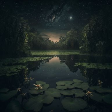 Pond At Night Aesthetic, Night Pond Aesthetic, Night Garden Painting, Judith Aesthetic, Night Lake Aesthetic, Night Garden Aesthetic, Night Sky Digital Art, Pond At Night, Pond Inspiration