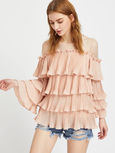 Shop Mesh Shoulder Pleated Tiered Frill Top online. SheIn offers Mesh Shoulder Pleated Tiered Frill Top & more to fit your fashionable needs. Pleated Top Outfit, Pleated Fabric Top, Delhi Trip, Pleated Fabric Dress, Fancy Top, Frill Top, Virtual Wardrobe, Fashion Top Outfits, Fancy Tops